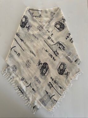 VTG: Pure SILK Scarf Ivory/Black Asian Theme & Fringe Sz 11x44”